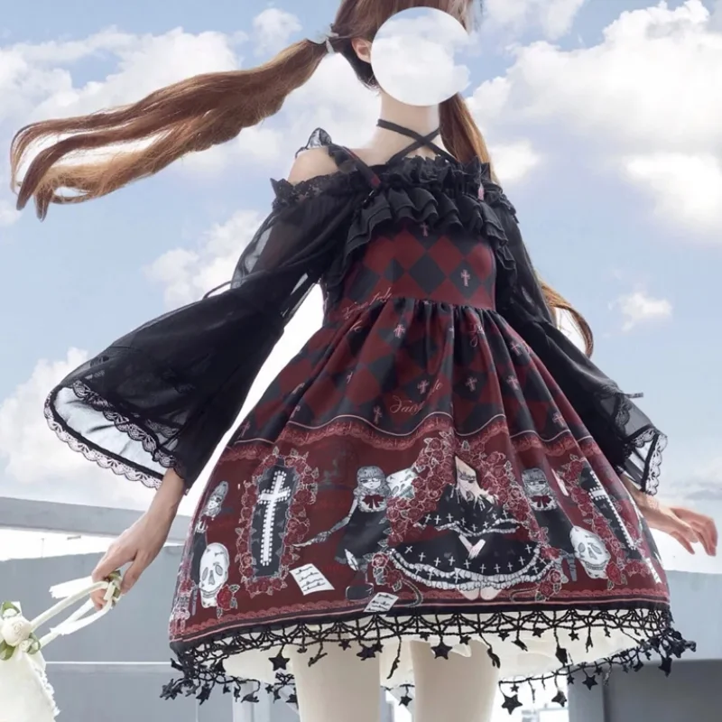 

Dark Style Lolita Dress Gothic Death Printing Suspender Design Slim Vintage Elegant Vestidos Japanese Sleeveless Women Clothing