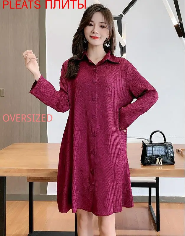 

New Women's Autumn and Winter Lapel Leisure Single Breasted Loose Women's Windbreaker Long Sleeve Coat MIYAKE Pleats Trench Coat