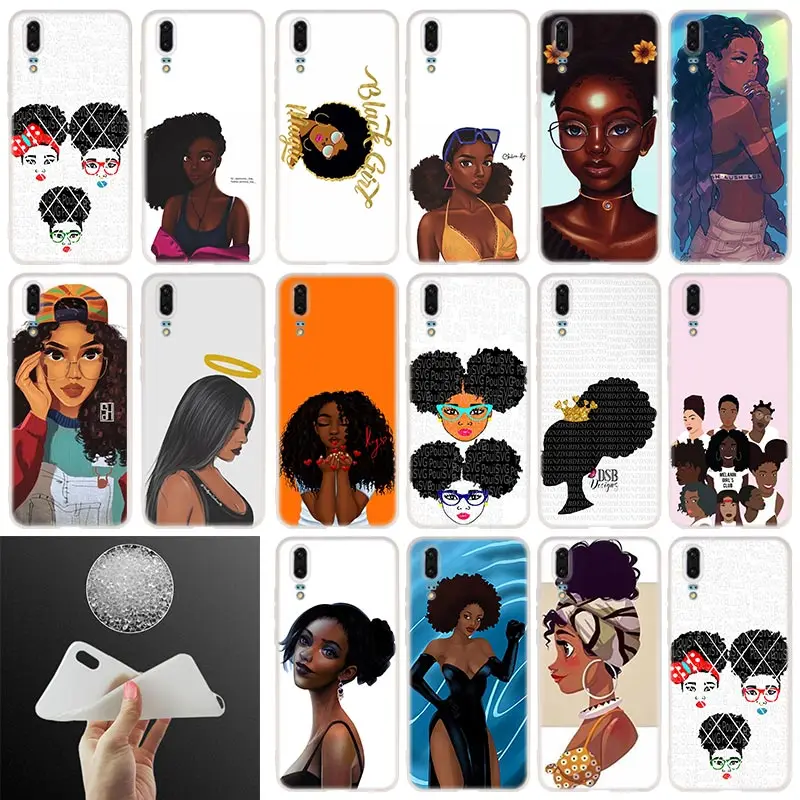 

African print Beauty Afro Puffs Black Girl Soft Silicone Senior Case For Huawei P50 P40 P30 P20 Pro Lite E P Samrt Z 2019 2020