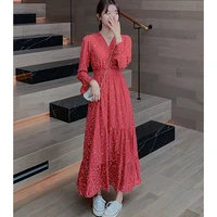 women long sleeve red chiffon floral print dress autumn spring 2022 elegant korean maxi dress runway boho casual party dress new