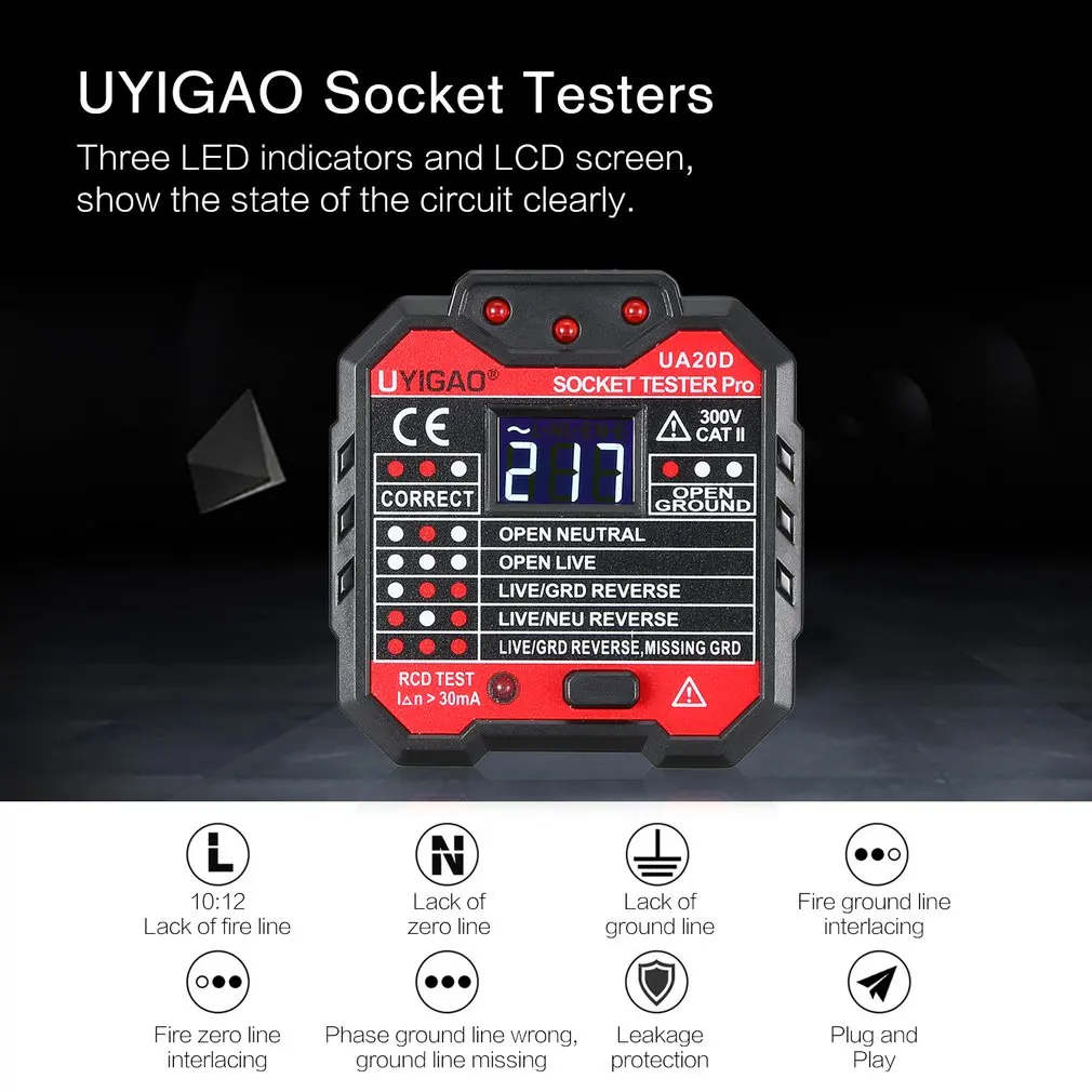 UYIGAO Portable Mini Digital Voltmeter Socket Tester Charger Detector Tester Voltage Tester Breaker Finder RCD Test UA20D