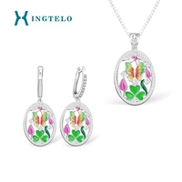 xingtelo 925 sterling silver women jewelry set hollow pattern colorful enamel white crystal earrings pendant and chain