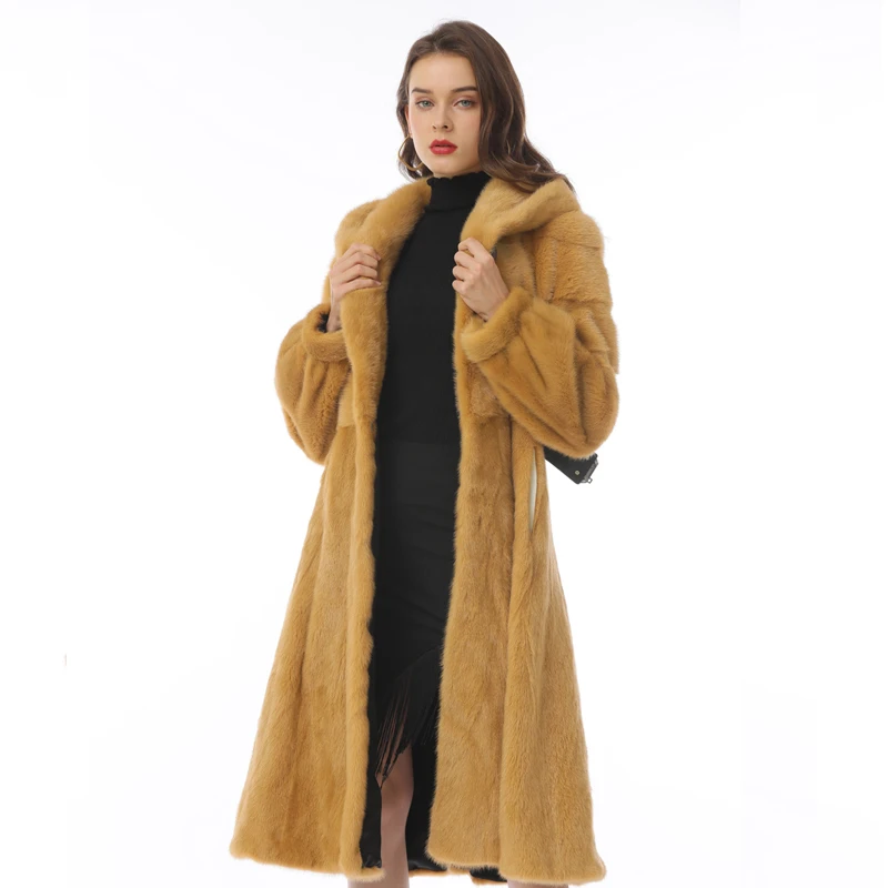 Women Real Fur Coat Long Genuine Leather Hooded Furry Winter Overcoats With Sashes Brown Slim Warm Thick Plus Size Warm Outwear
