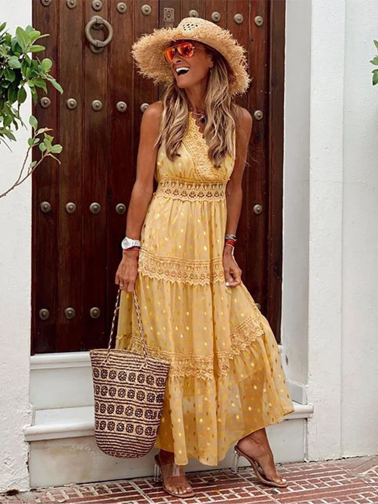

Beach Dress Chiffon Swim Suit Cover Up Capes Outing Sarong Tunics Lady Holiday Beachwear Gold Polka Dot Women Vacation Dress