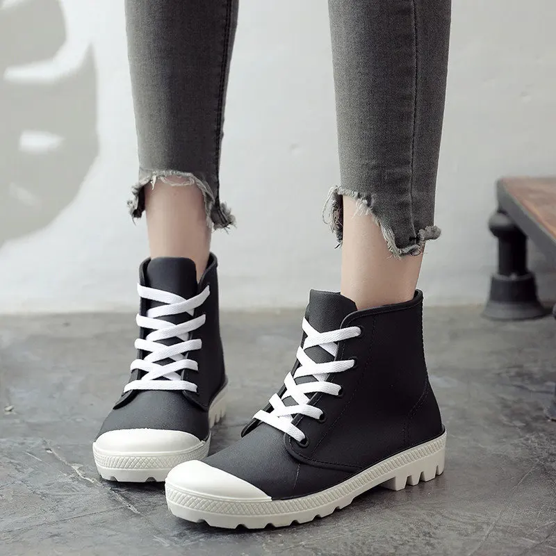 2019 New Women Rainboots Soft PVC Lace-up Waterproof Shoes Woman Fashion Ankle Boots Female Working Boots Casual Botas Mujer