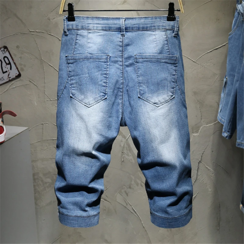 Drawstring waist Stretch blue Washed Denim Shorts Men Summer New Fashion Casual Mid Waist Cargo Jeans | Мужская одежда