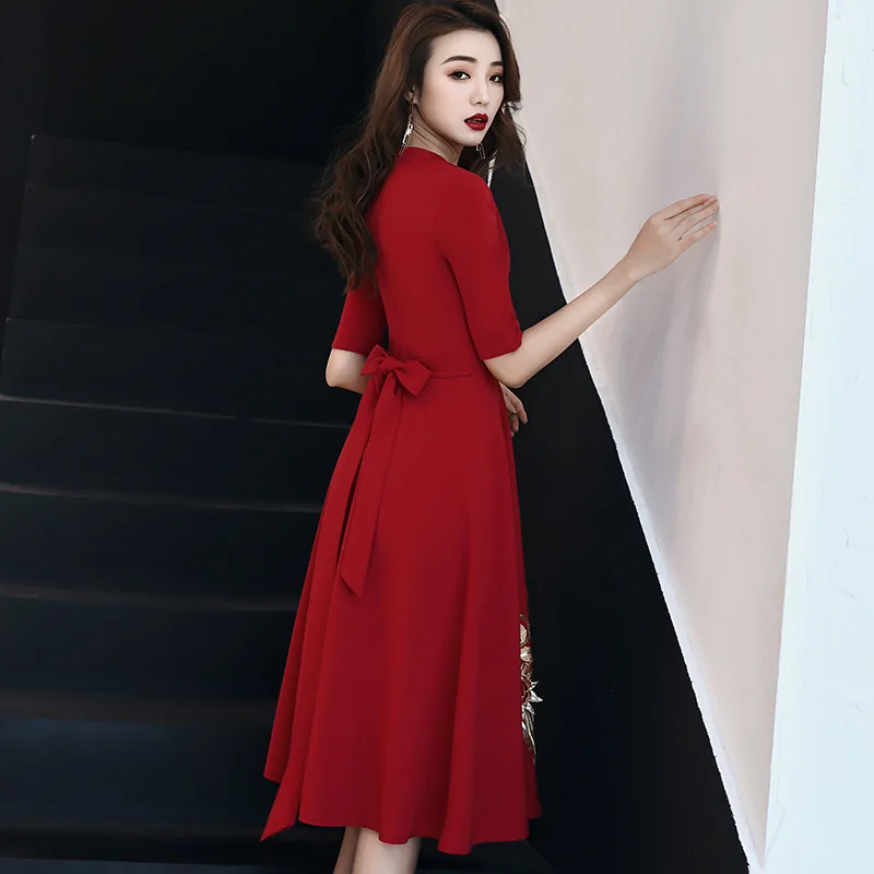 Летнее бордовое Золотое Платье с вышивкой и v образным вырезом Сексуальные