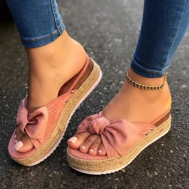 

2020 Women Summer Sandals Mid Heels Pumps Plus Size Wedges Shoes Woman Sweet Bowties Slippers Sandalias Mujer Sapato Feminino