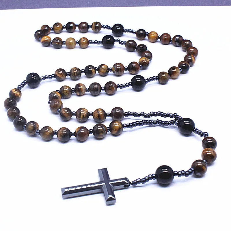 

Fashion Natural Tiger Eye Stone 8MM Beads Men Jewelry Cross Pendants Long Necklace For Women Sweater Chain Semi-precious Jewelry