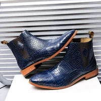 fashion blue crocodile leather chelsea shoes men high pointed mens formal shoes slip on ankle boots men zapatos de piel hombre