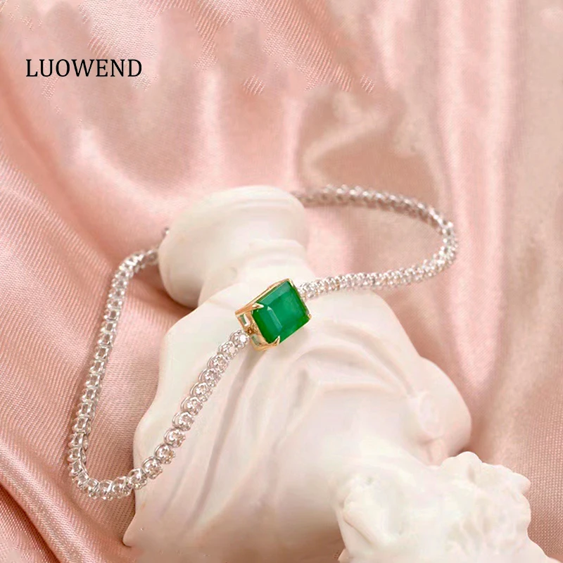 

LUOWEND 100% реальный 18K Au750 твердый белый золотой браслет натуральный бриллиантовый браслет с драгоценными камнями тонкий Изумрудный ювелирный ...