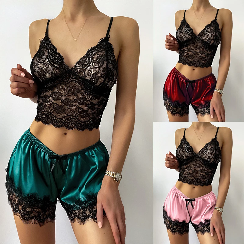 

Women Elegant Lace Tops And Smooth Silk Shorts Two Piece Pajamas Sets Sexy Backless Sling Ladies Perspective Of Sexy Underwear