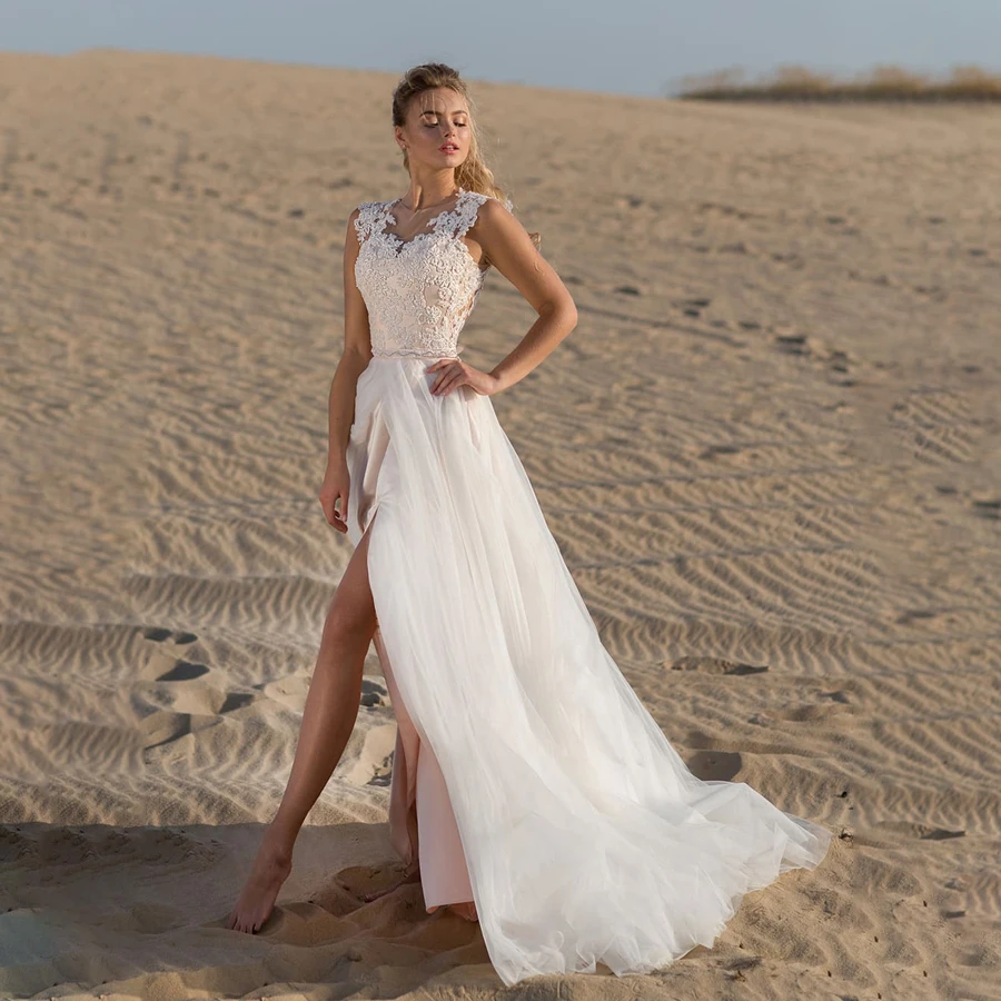 

A-line Sleeveless Illusion Back Front Slit Tulle Wedding Dress Beading Sash Nude Inside Sexy Sweep Train Bridal Dress