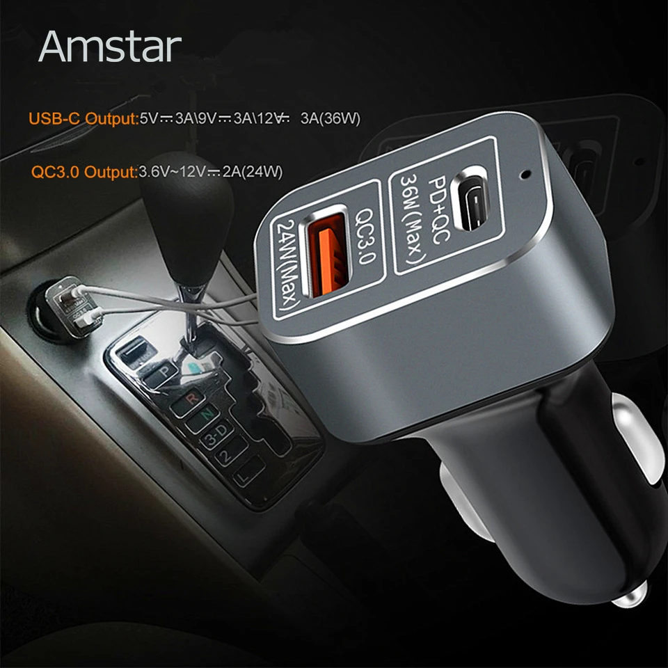 Автомобильное зарядное устройство Amstar 60 Вт USB C PD быстрая зарядка 3 0 Быстрая