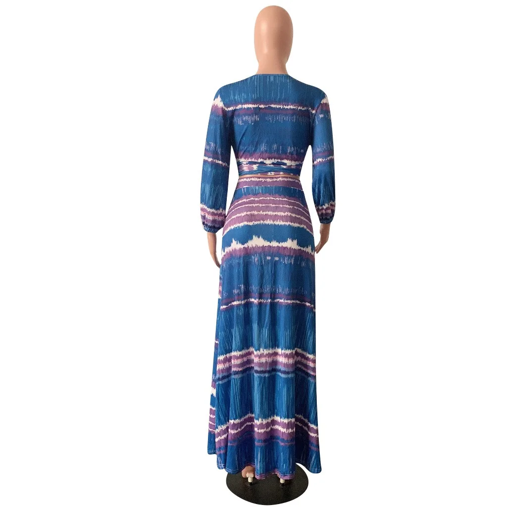

African Women 4xl Big Size Long Skirt Sets Blue Full Sleeve V Neck Blouse & Skirts Outfits 2 Pieces Matching Sets