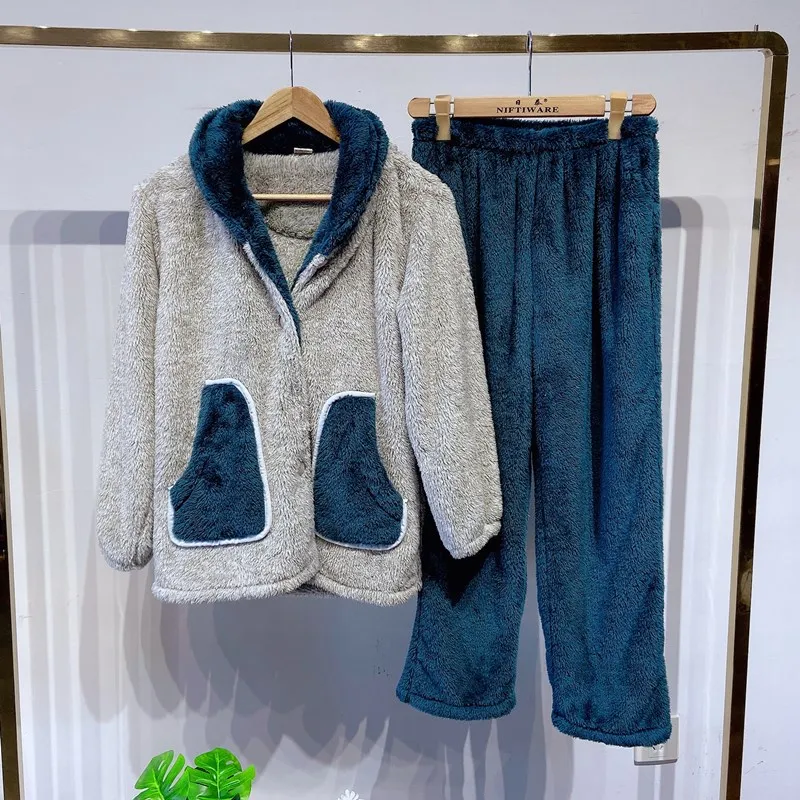 

Женский пижамный комплект, Фланелевая пижама, зимний теплый и толстый кардиган с пуговицами, домашняя одежда, корейская мода, милые пижамы д...