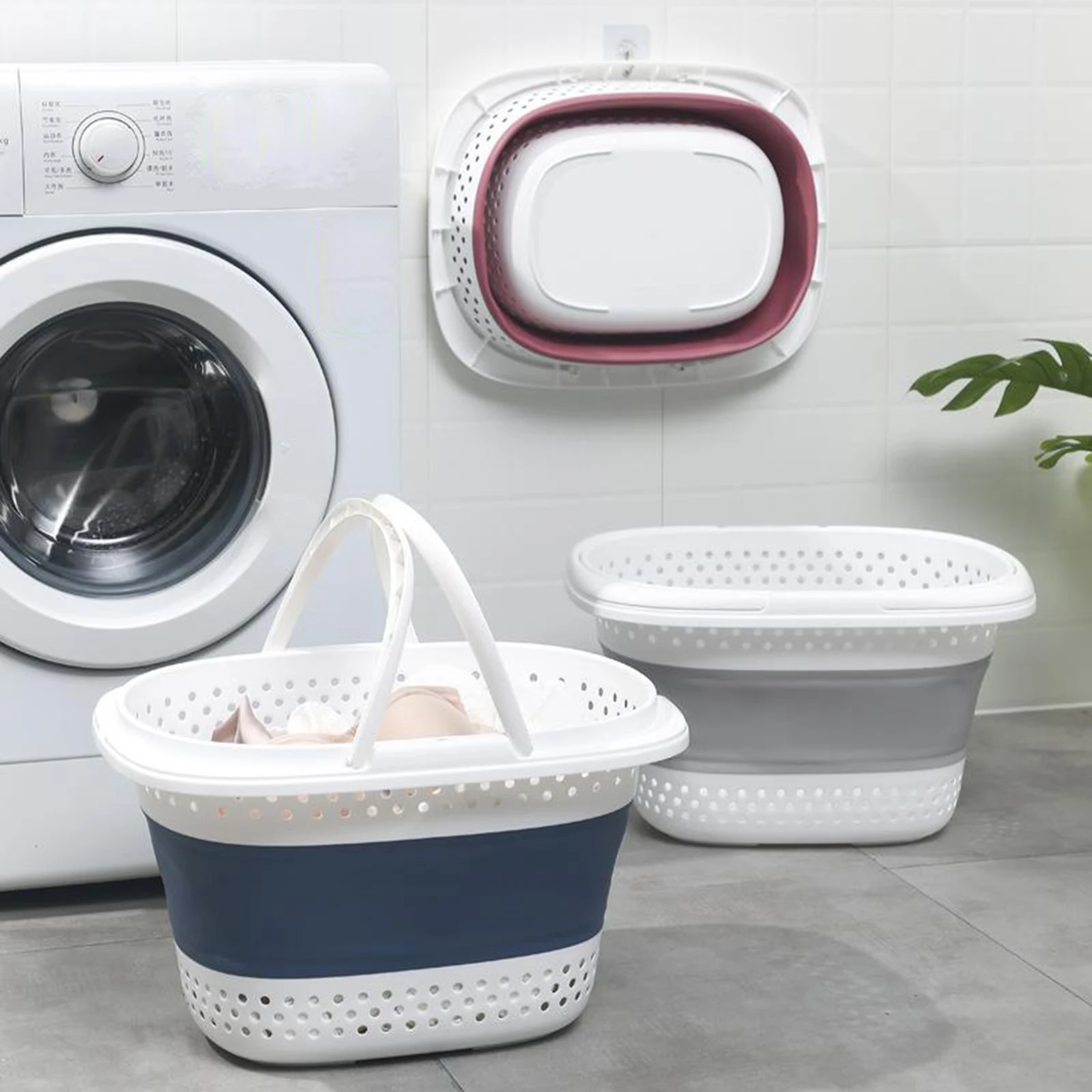

Collapsible Plastic Handle Laundry Basket - Foldable Up Storage Container -