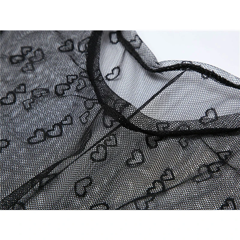 

Summer Mesh shirt Women Long Sleeve Fashion Streetwear Two Piece Sexy Black Tanks Gothic Punk Heart Print Top Female 2021 New