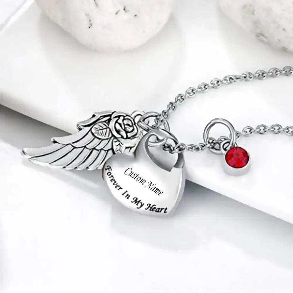 Stainless Steel Heart Cremation Urn Necklace with Angel Wing and Birthstones Ashes Jewelry Memorial Pendant- Forever in My | Украшения и