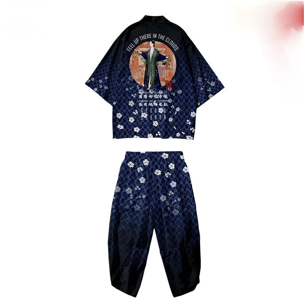 

2021 INS Beauty Loose 5xl 6XL Beach Harajuku Japanese Sets Fashion Kimono Men Women Cardigan Haori Obi Asian Clothes Pant Suit