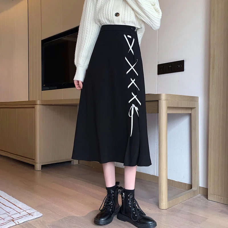 

Skirts Womens Spring and Autumn Half-length Skirts New Design Sense Skirt Suspenders High Waist Mid-length A-line Skirt
