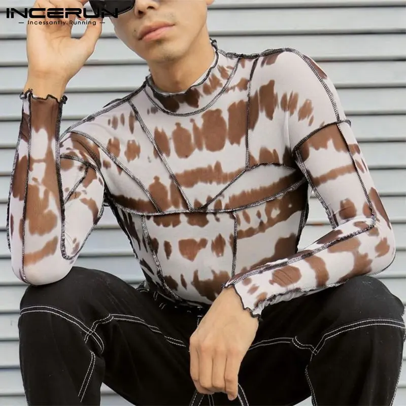 

New Men's Printed Casual Style Camiseta Male Fashion Casual Party Nightclub Long Sleeve Halter T-shirts S-5XL INCERUN Tops 2022