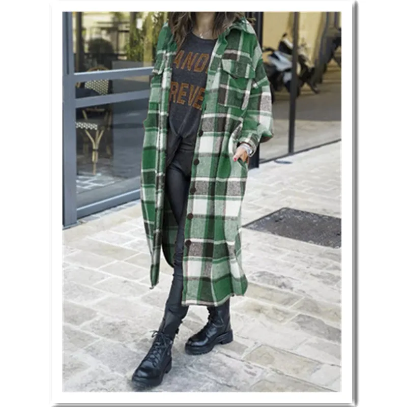 

2020 New Female Fashion Long Plaid Coat Spring Autumu Shirt Woolen Coat Stretwear Women Loose Coat Female Casual Jacket