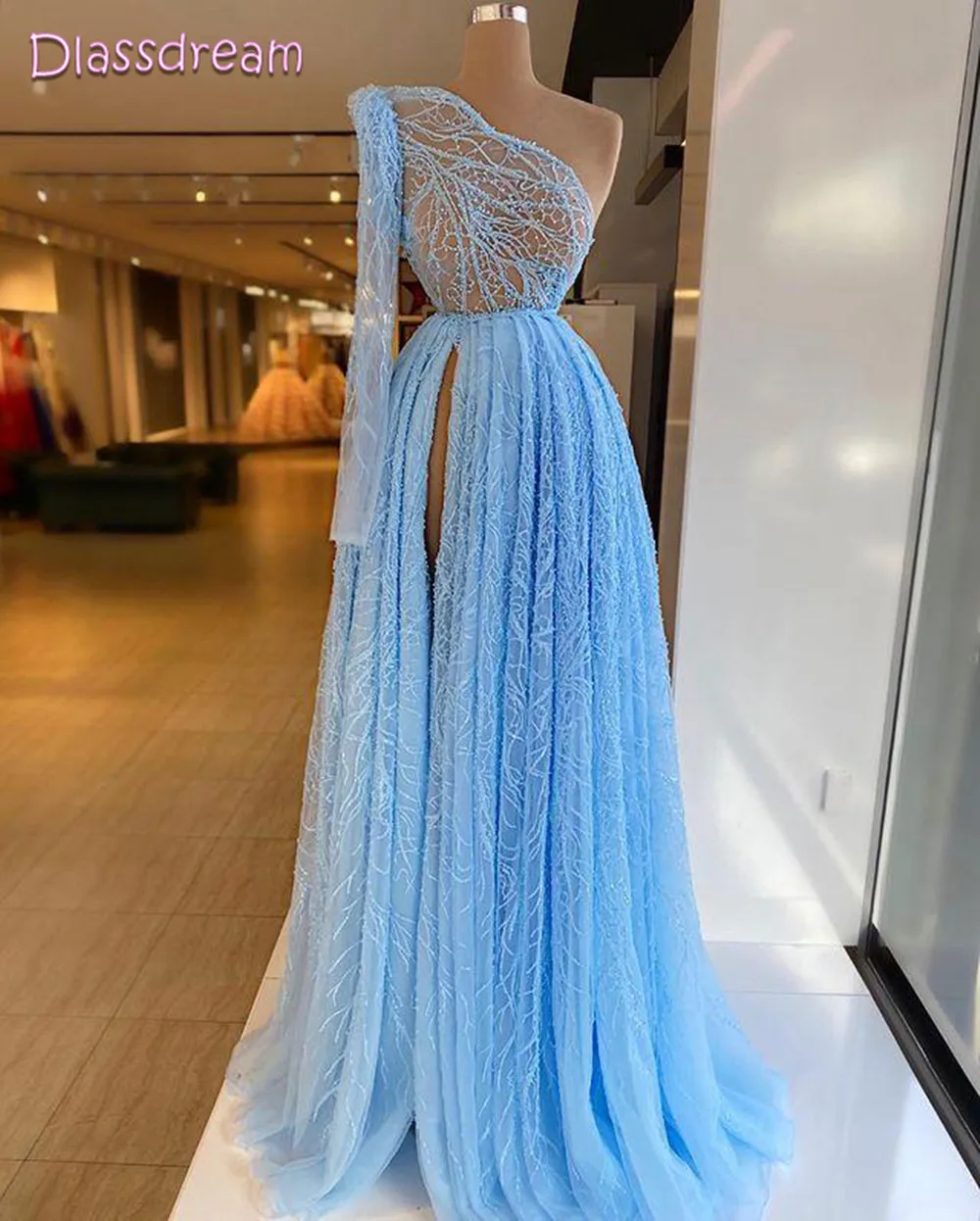 

Blue One Shoulder Evening Dress Lace Beaded A-line Robes De Soirée High Split Tulle Sweep Train Party Gown Vestido De Noche