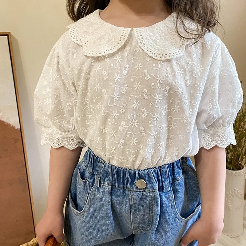 

WLG Girls Shirts Kids Clothes Summer Lace White Short Sleeve Shirt Baby Girl Causal All Match Tops