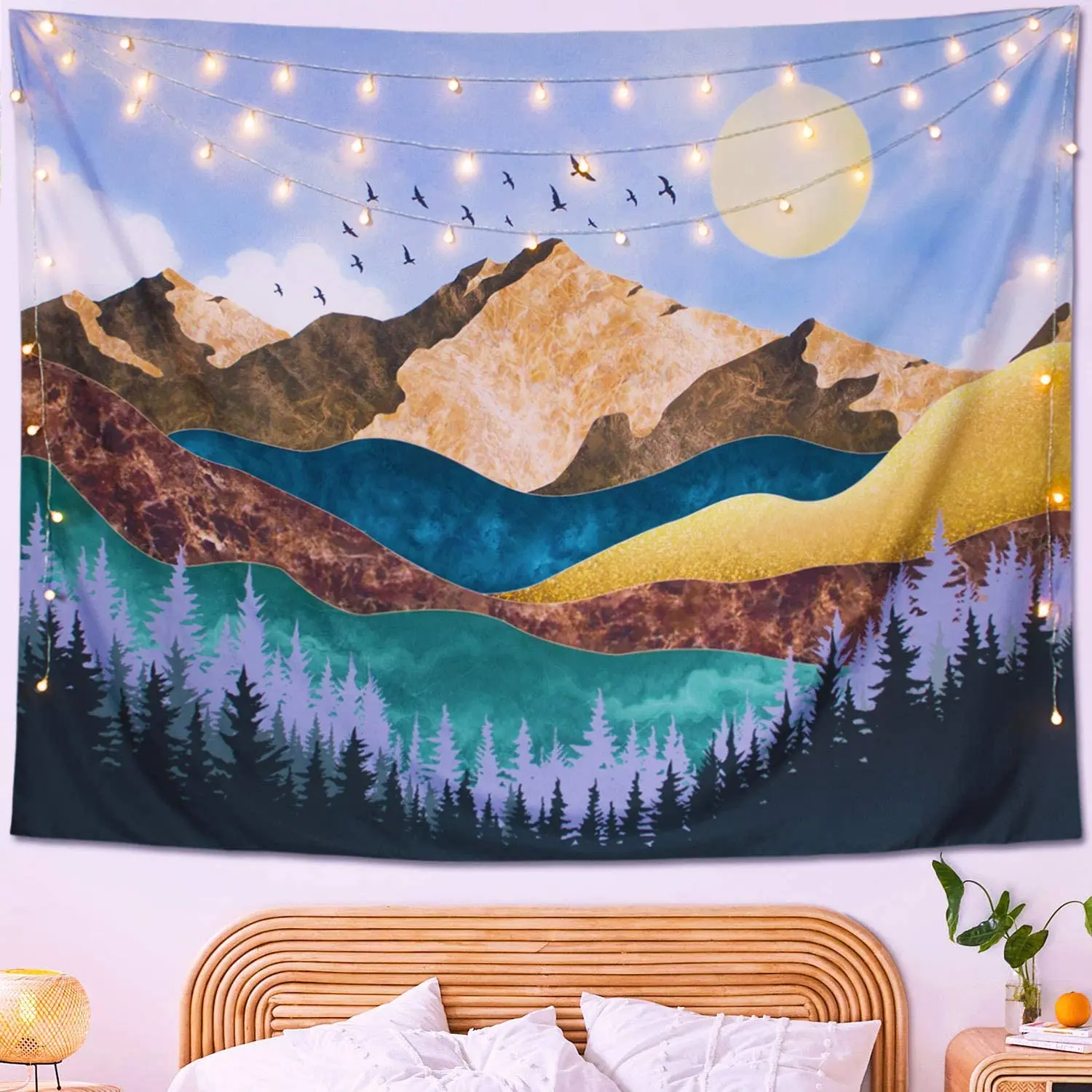 

Mountain Moon Bohemian Tapestry Wall Hanging Tree Forest Nature Landscape Art Tapestries Boho Home Decor Blanket for Bedroom Car