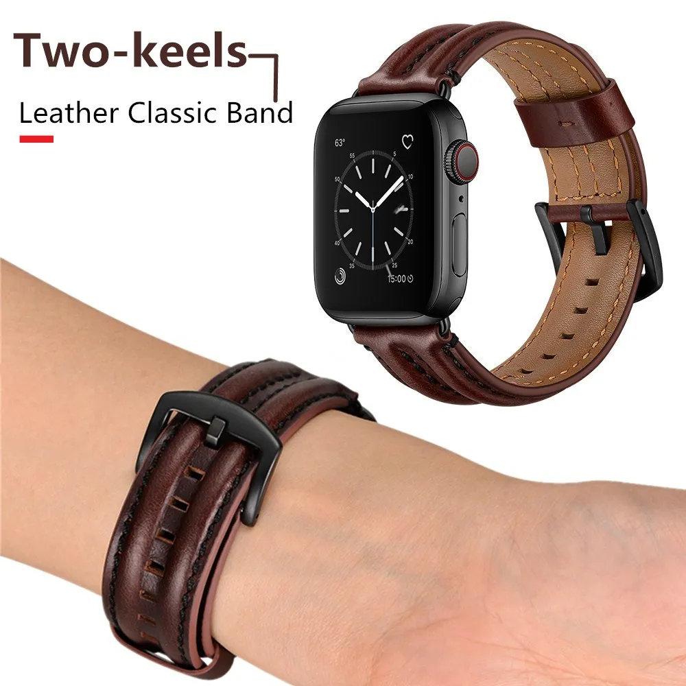 

Two-keel Design Strap for Apple Watch Band Series 6 5 4 3 2 SE Men/Women Real Leather Bracelet for iWatch 44mm 40mm 38/42mm Belt
