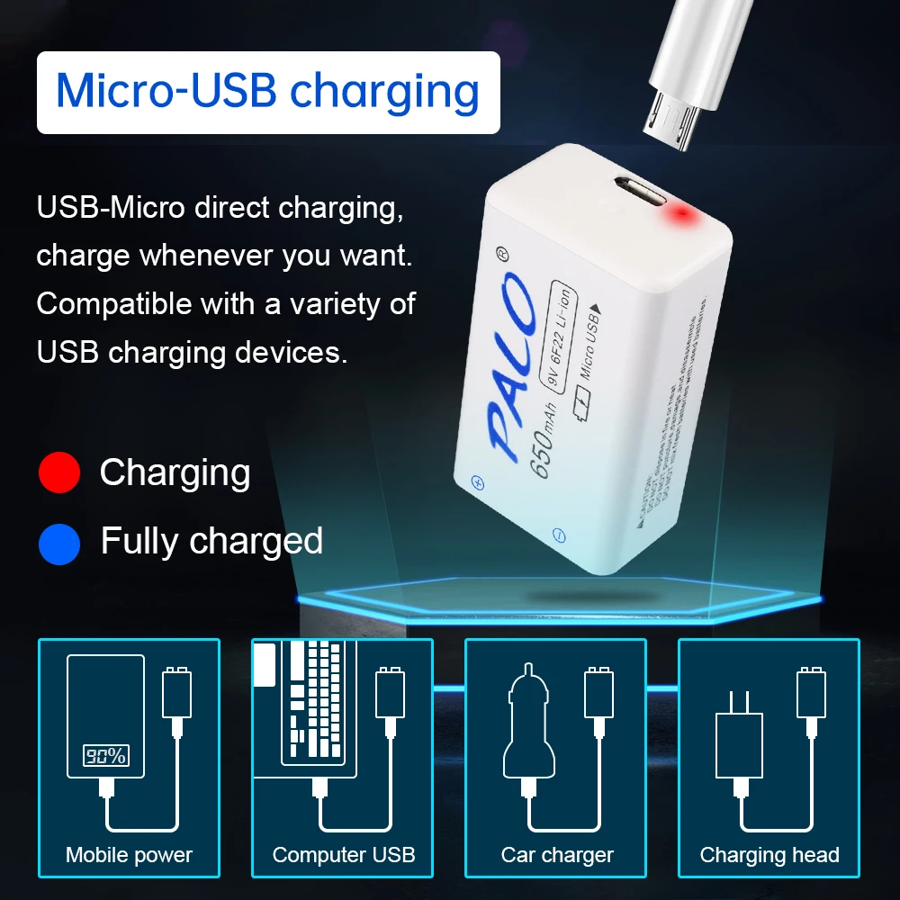 100% Оригинальный литий ионный перезаряжаемый аккумулятор PALO 650 мАч 9 в Micro USB