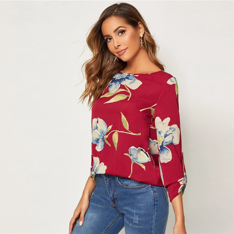 SHEIN, красный рулон, рукав-вкладка, цветочный принт, блузка, женские топы, весна-осень, круглый вырез, с закатанными рукавами, повседневные блузки