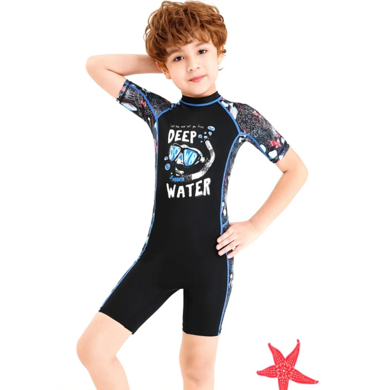 

Children's Unisex one piece Swimwear back Zipper Elastic Diving Suits Kids short sleeve Swimsuit Snorkeling Surfing Wetsuits