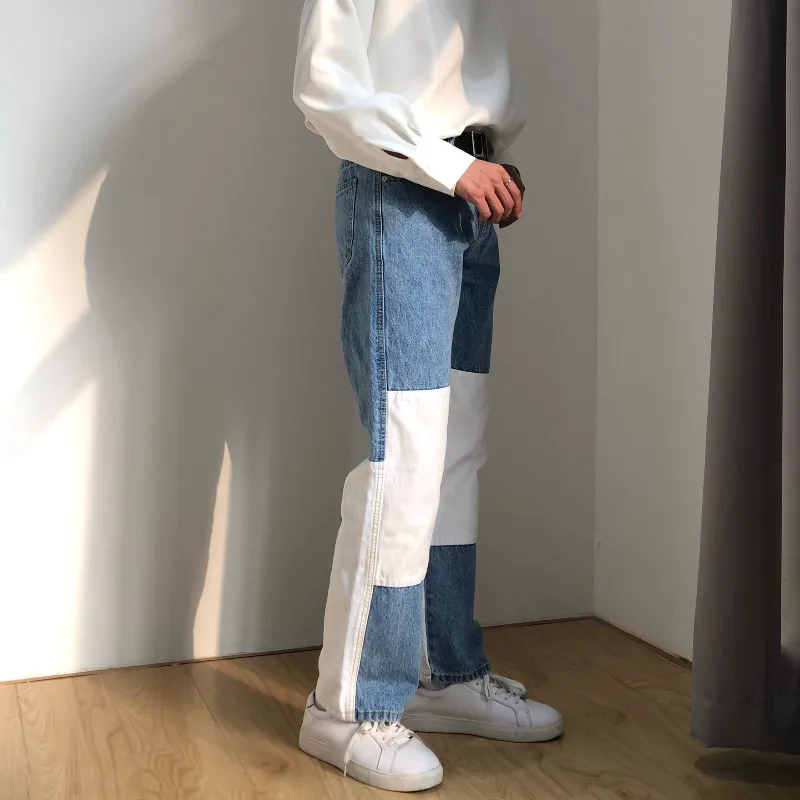 2020 Blue White Spliced Jeans Men's Fashion Baggy Jeans Autumn Straight Pantalettes Hip Hop Jeans Vintage Jeans Mens Loose Jeans