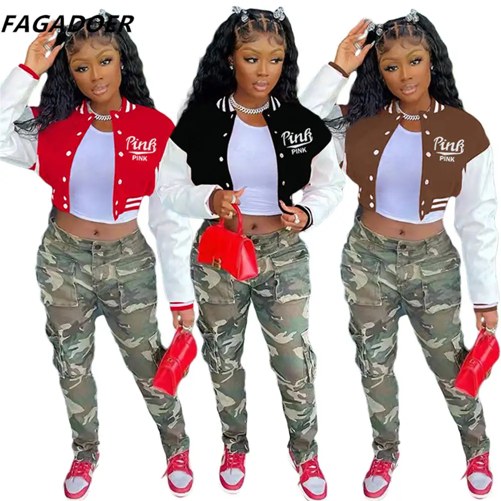 

FAGADOER Harajuku Bomber Jackets Women Coat Pink Letter Print Patchwork Tops Autumn Winter Cool Girl Baseball Coat Streetwear