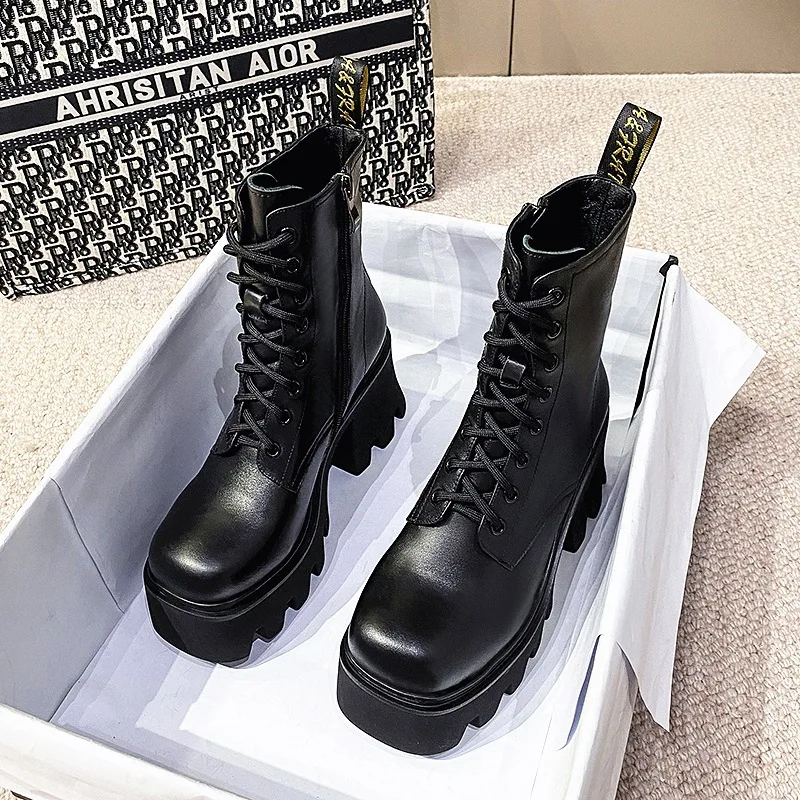 

Женские кожаные мотоциклетные ботинки на платформе, женские готические ботинки с увеличенной платформой, женские ботинки