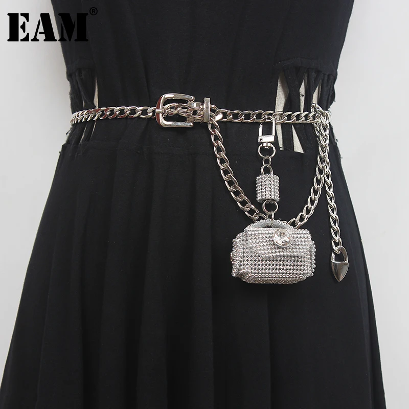 

[EAM] Black Metal Chain Rhinestone Mini-bag Belt Personality Women New Fashion Tide All-match Spring Autumn 2021 1DE3547