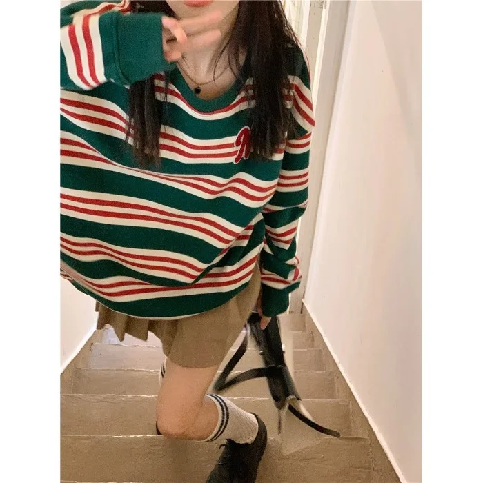 

Long Sleeve Striped Embroidered Neck Sweater for Women 2021autumn New Japanese Loose Retro Lazy Top fafa_ootd