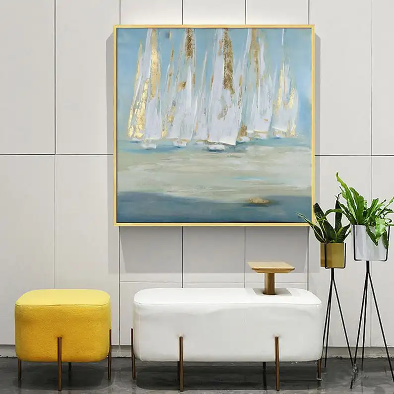 

Ocean Sailboat Oil Painting Nautical Canvas Painting Gold Boat Artwork Coastal Painting for Living Room Bathroom Bedroom huge