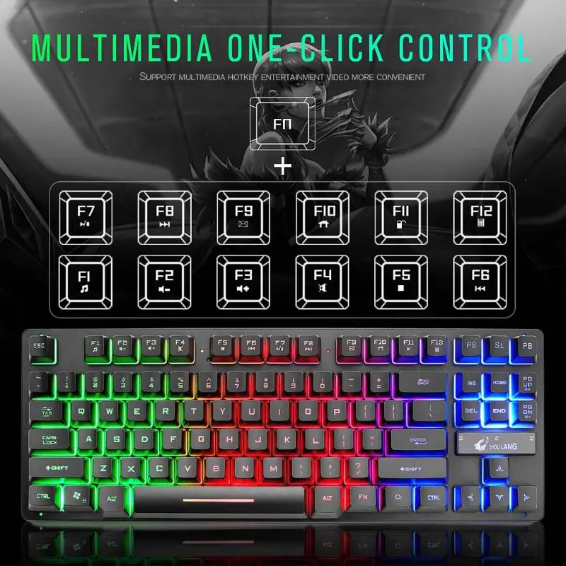 

Gaming Keyboard 87 Keys Keyboard for PC / Laptop GamerSeven-Color Backlit Wired Keyboard