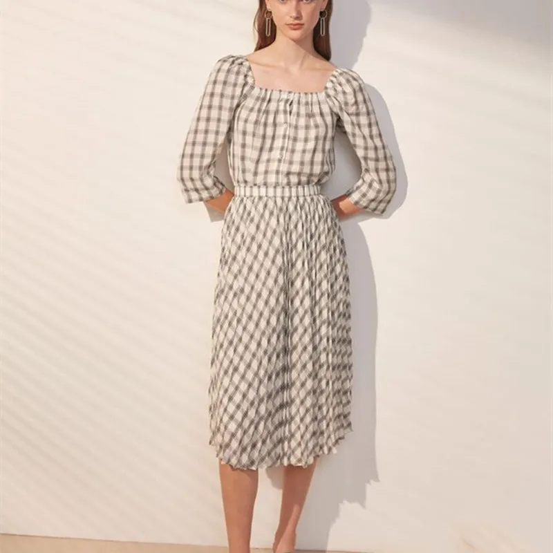 

Plaid Midi Skirt Women's Pleated Vintage Female Jupe 2021 Summer