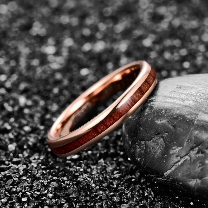 

Fashion 4MM Rose Gold Stainless Steel Ring for Women Men Domed with Koa Wood Inlay Promise Ring Wedding Party Jewelry for Women