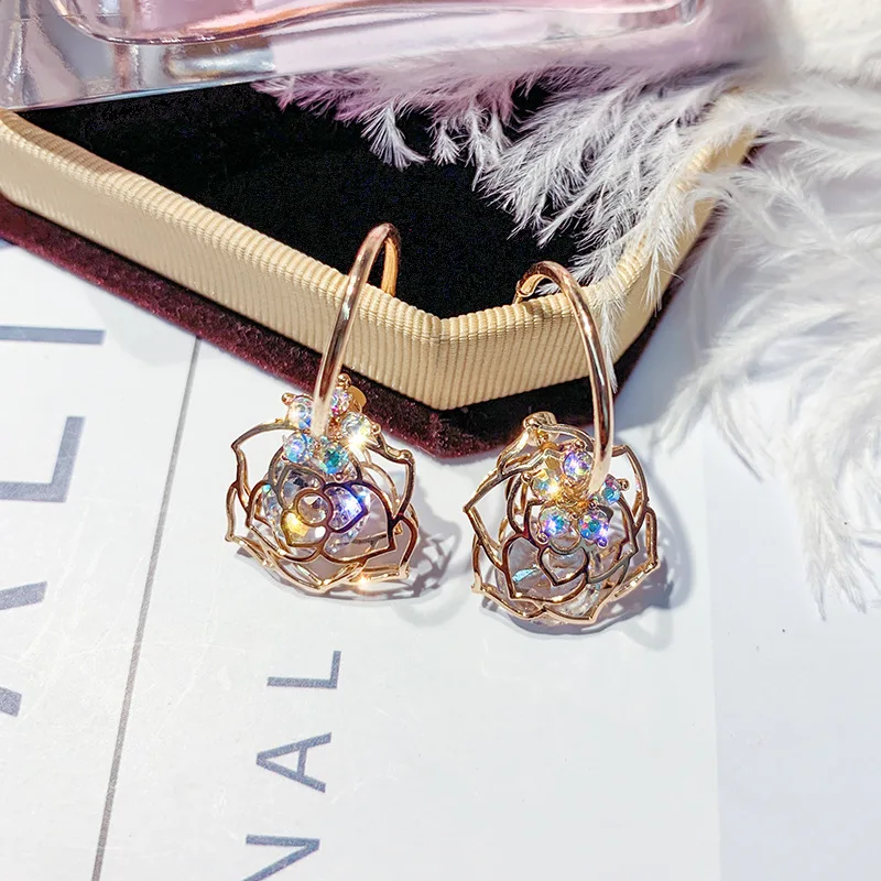 

Exquisite Hollow Flower Hook Earrings for Women Crystal Zircon Gold Color Wedding Party Gift Dangle Earrings Korean Jewelry