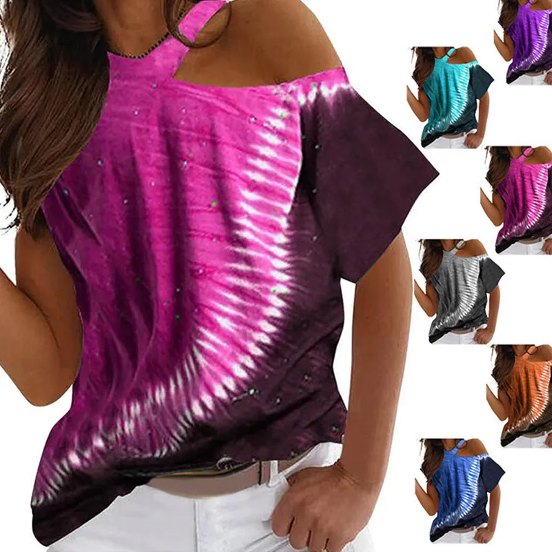

Bikoles Summer New Fashion Casual Sexy Loose O Neck Short Sleeve Women's Tops T Shirt Print Tie Dye Hollow Out Ladies Plus Size