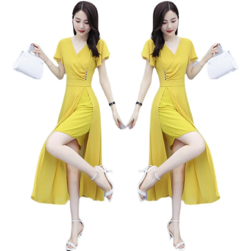 

Fashion new fat mm 4XL spring and summer Korean version of slim slim chiffon dress with split ends