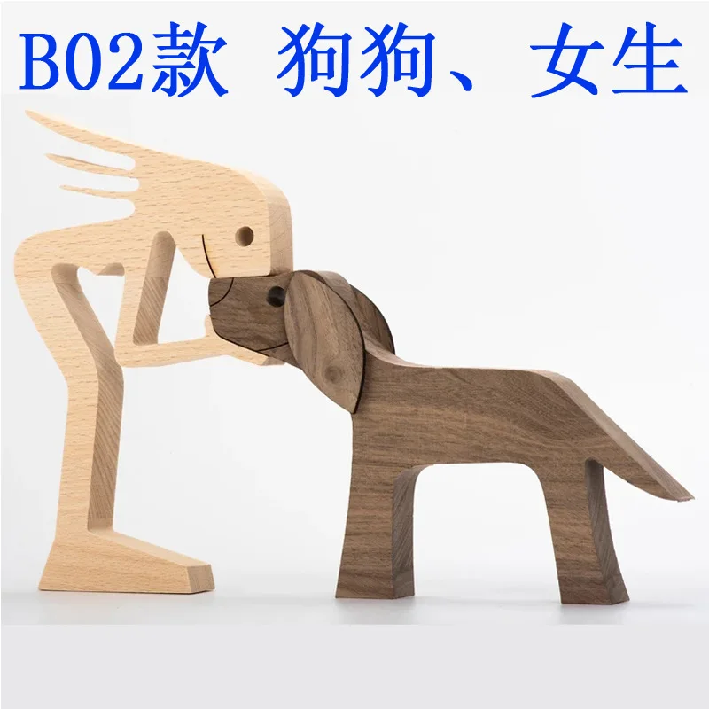 

Love Pet sculpture Family Puppy Wood Dog Craft Figurine Desktop Table Ornament Carving Model Creative Home Office Decor