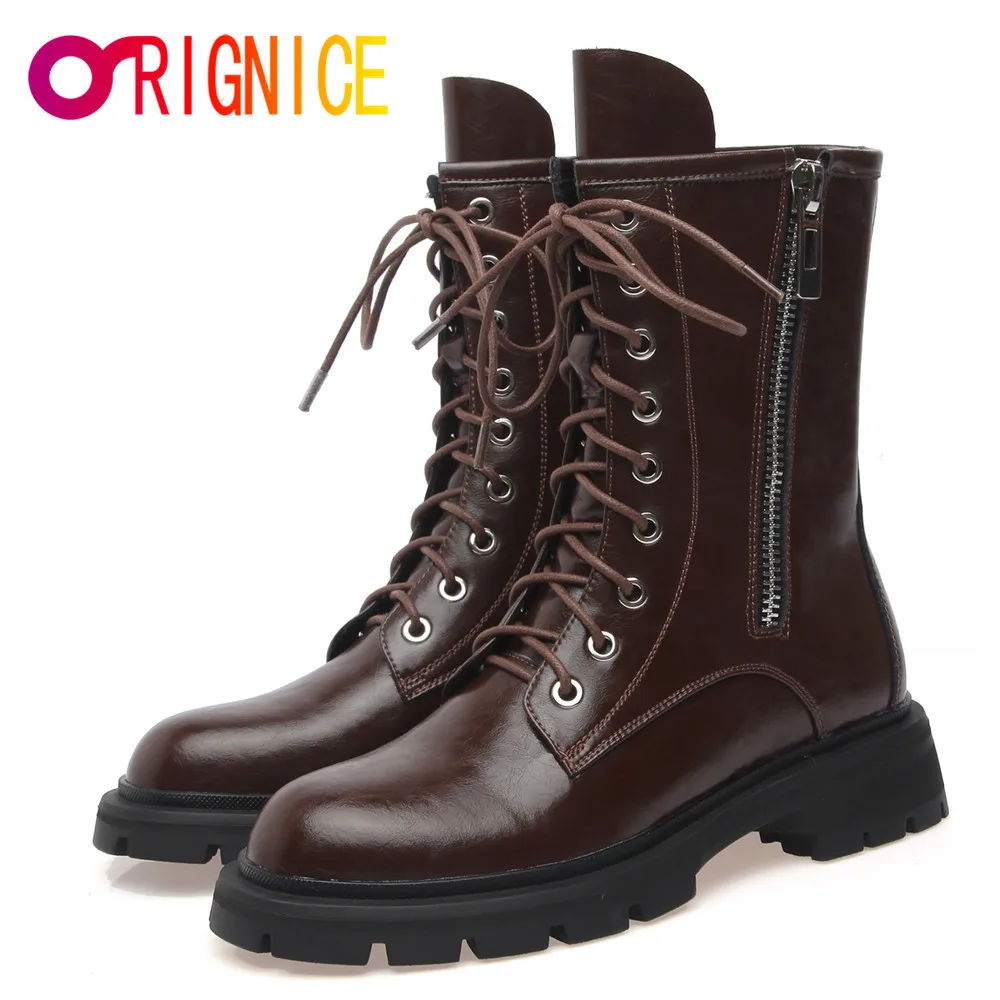 

Orignice Zipper Chunky Autumn Ankle Boots For Women Thick Heel Platform Genuine Leather Lace Up Round Toe Daily Life Wild Shoes