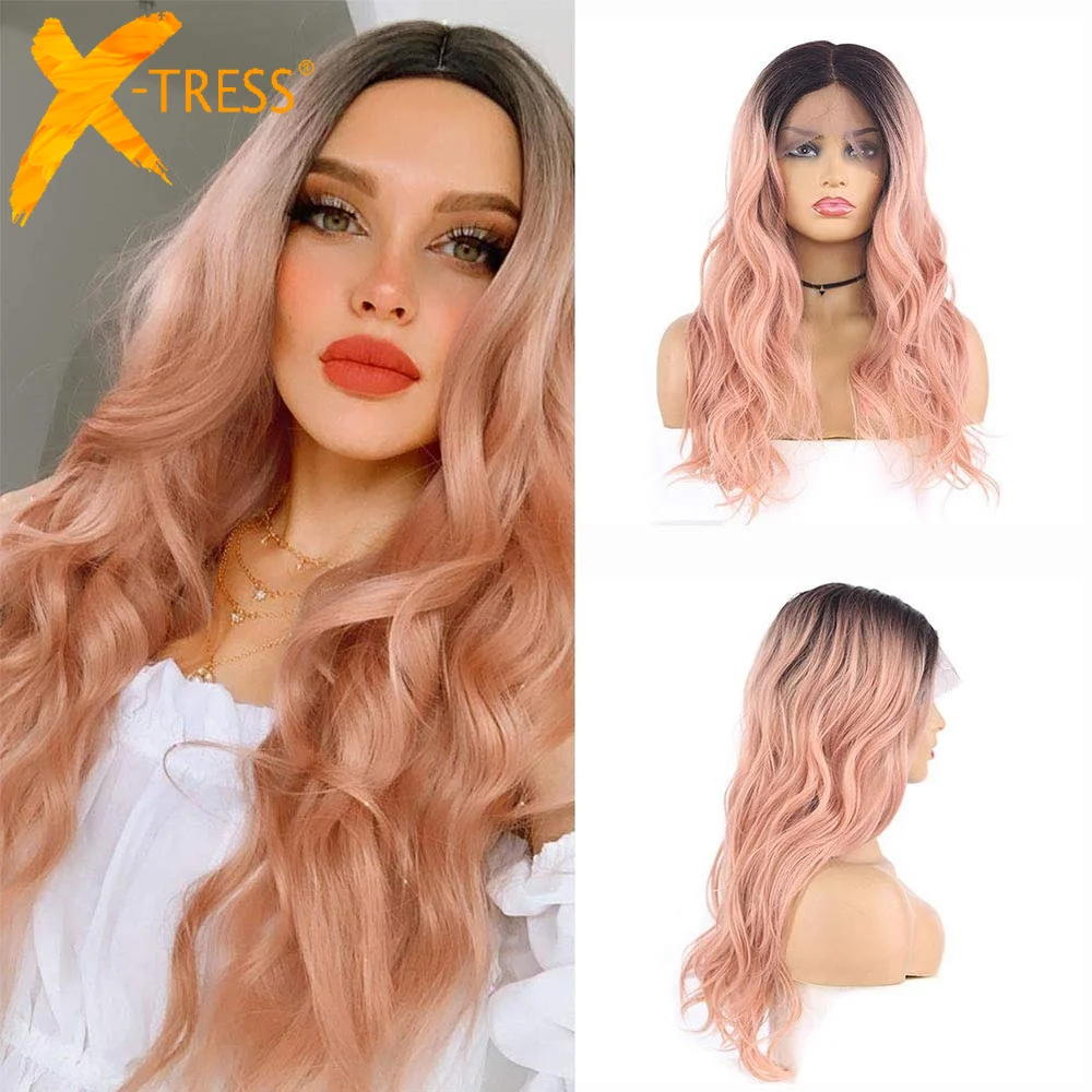 

X-TRESS Wavy Synthetic Lace Front Wig Ombre Pink L Part Body Wave Pre-plucked Lace Wigs For Women Soft Natural Heat Resistant