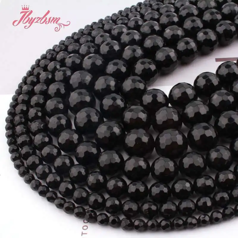Круглые граненые черные турмалиновые бусины из натурального камня